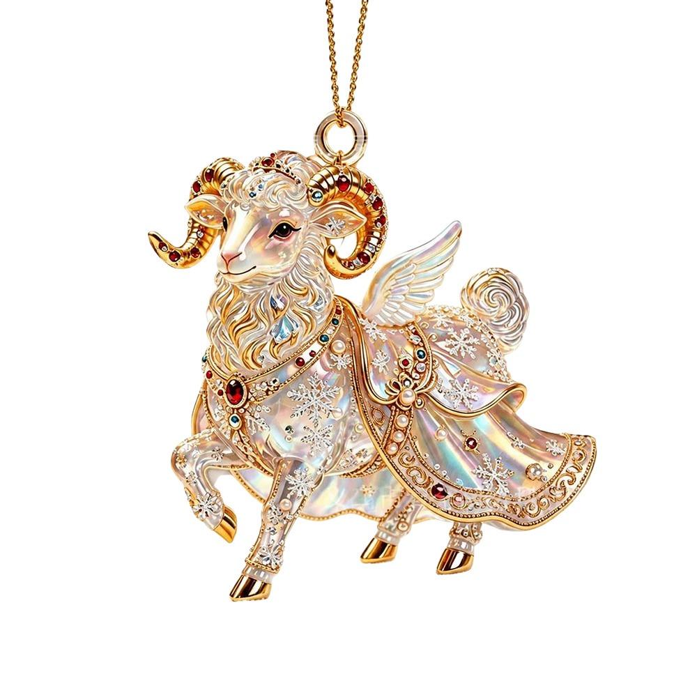 2D Flat Goat Hanging Ornament Shining Acrylic Animal Hanging Decoration Angel Wings Artificial Rhinestone Zodiac Goat Souvenir