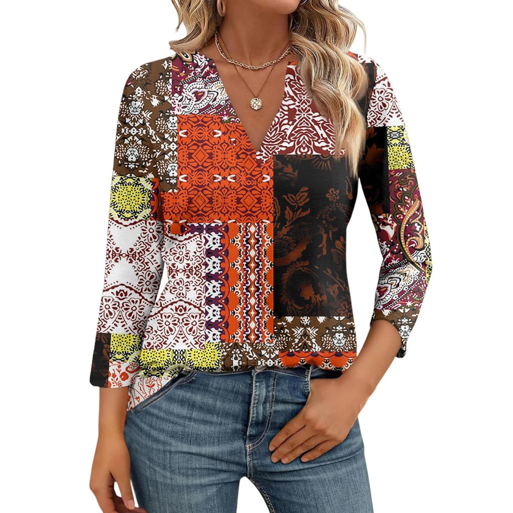 Women's Casual Fashion Sexy Comfortable V-Neck Floral Seven Sleeve Top