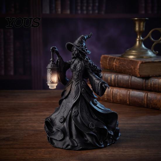 Festive Party Centerpiece Halloween Witch Lamp Figurine, Stained Glass Hat Night Light, Gothic Table Dark Holiday Decoration Resin Spooky Lantern for