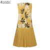 ZANZEA Women Casual Round Neck Sleeveless Print Patchwork Pleated Dress