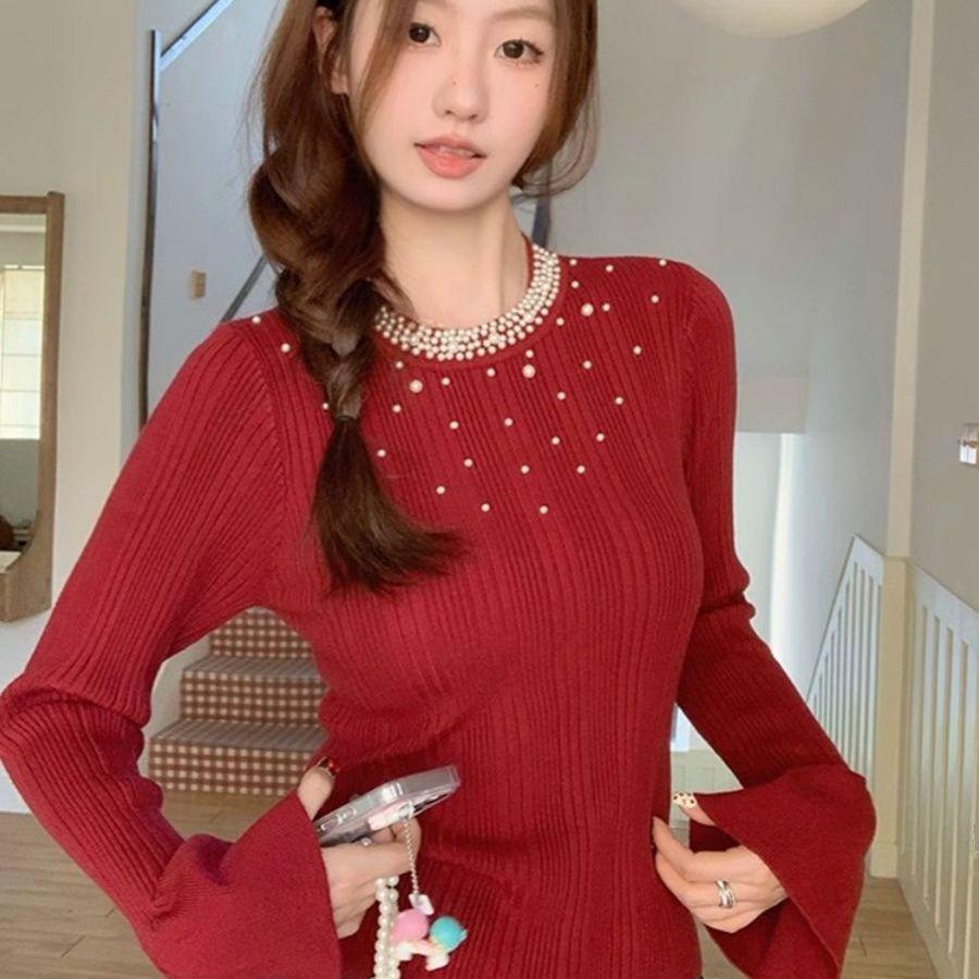 

Женский красный вязаный свитер с длинным рукавом и круглым вырезом, украшенный бисером - Приталенный Зимний Шик One Size