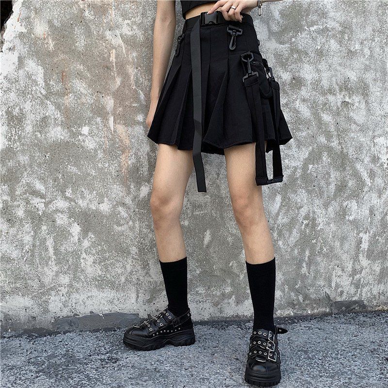JK Skirt Japanese Style Black Cargo Pleated Skirt Harajuku