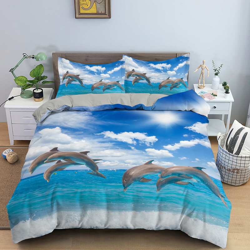 3D Digital Printing Bedding Three-Piece Set, Dolphin Printing Animal Quilt Cover Can Be Ordered.