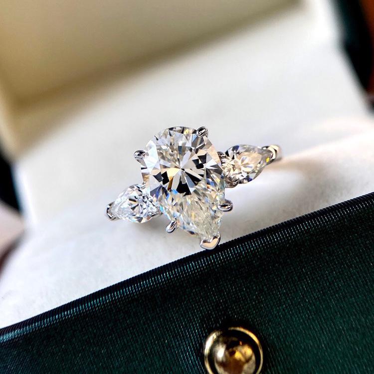 Teardrop Pear Shaped Simulated Moissanite & Zircon Three Stone Open Wedding Ring for Women