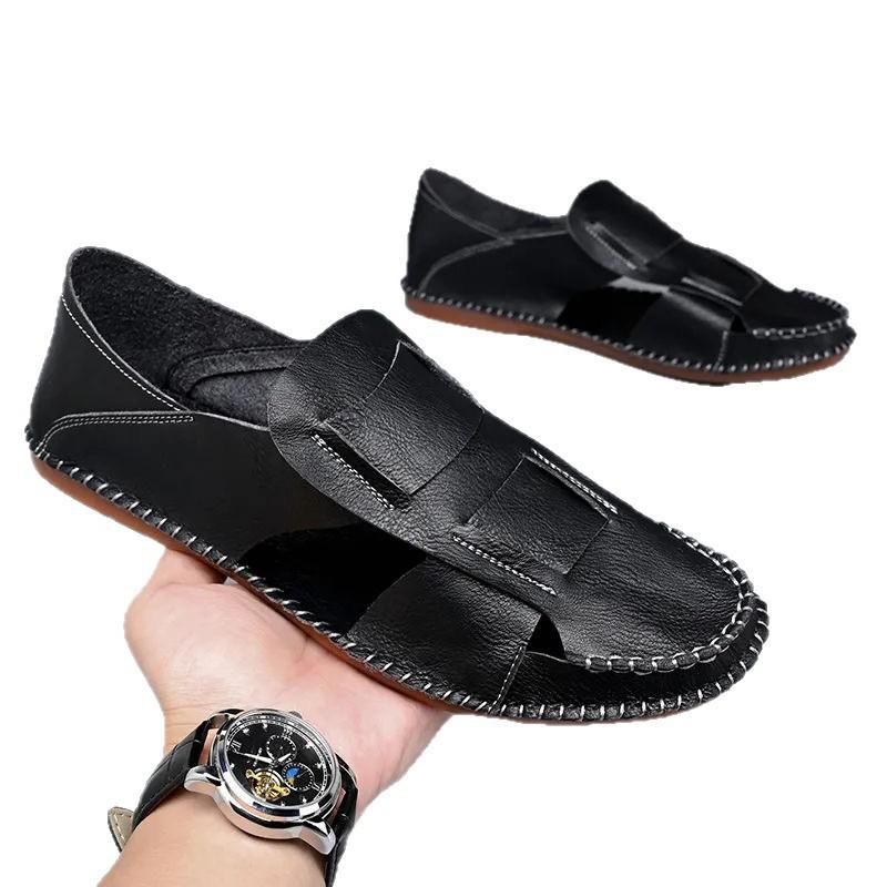Summer Fashion New Men's Gladiators Black White Silp On Pu Leather Casual Shoes Male Breathable Beach Sandals Outdoor Slippers