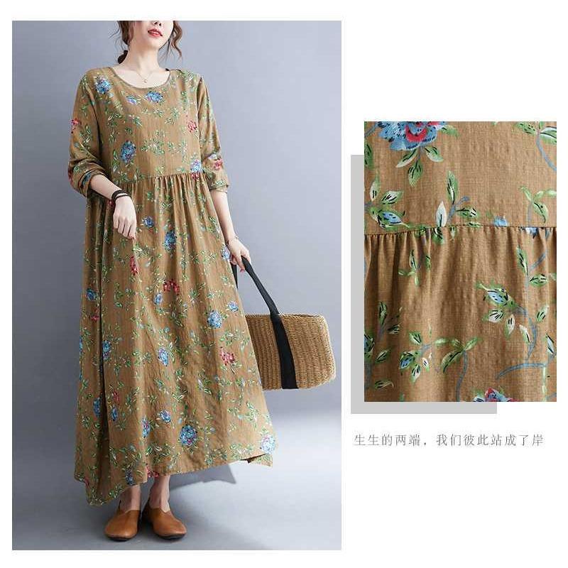 New Literary Plus Size Printed Long Sleeve Ethnic Style Dresses