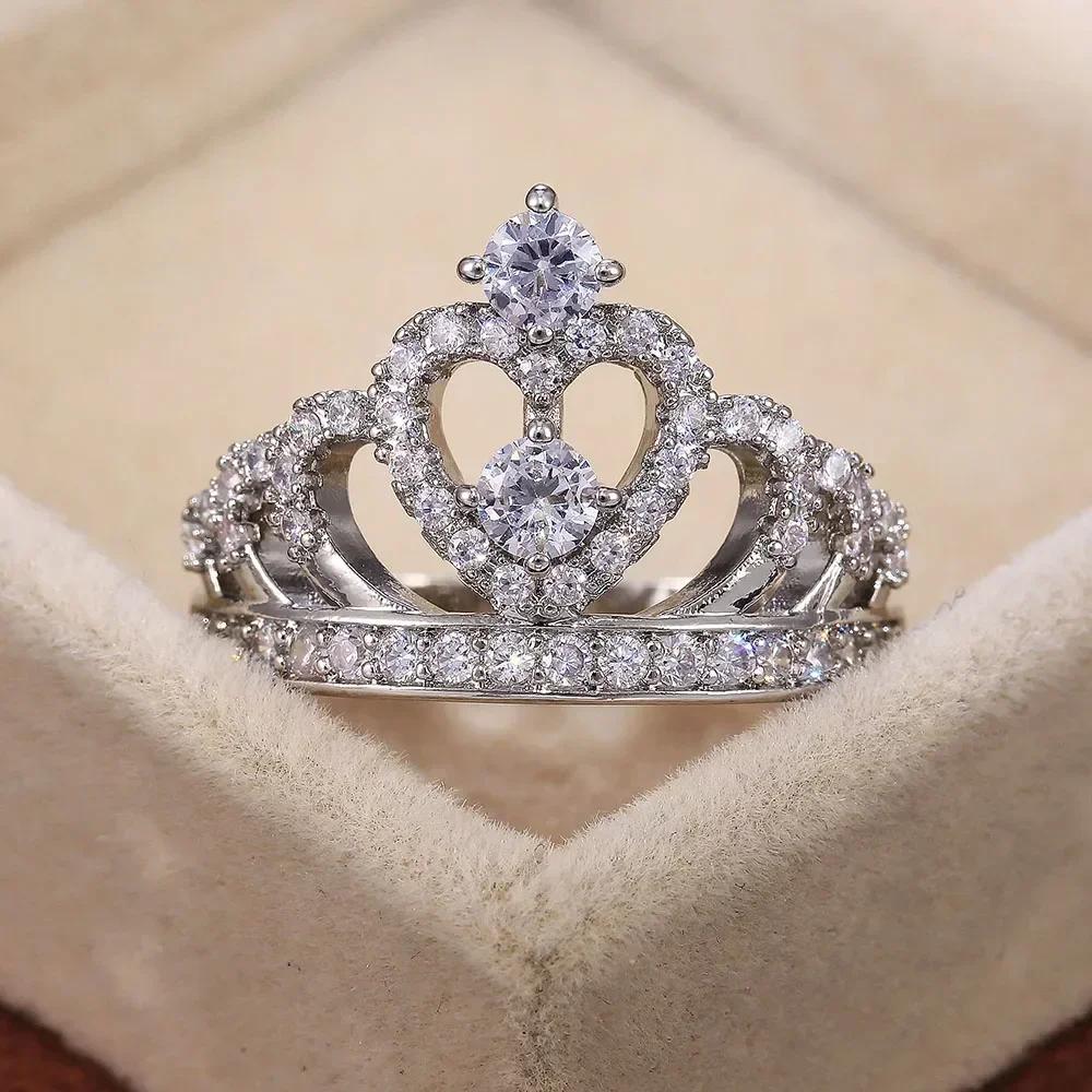 New Gorgeous Queen Crown Ring Women Full Inlaid CZ Brilliant Proposal  for Girlfriend Delicate Hollow Heart