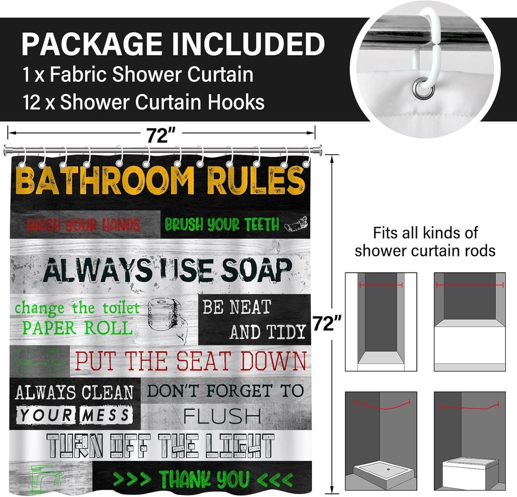 Funny Bathroom Rules Sign Pattern Waterproof Polyester Shower Curtain 180X180Cm - Humorous Text Print Bath Curtain With Hooks