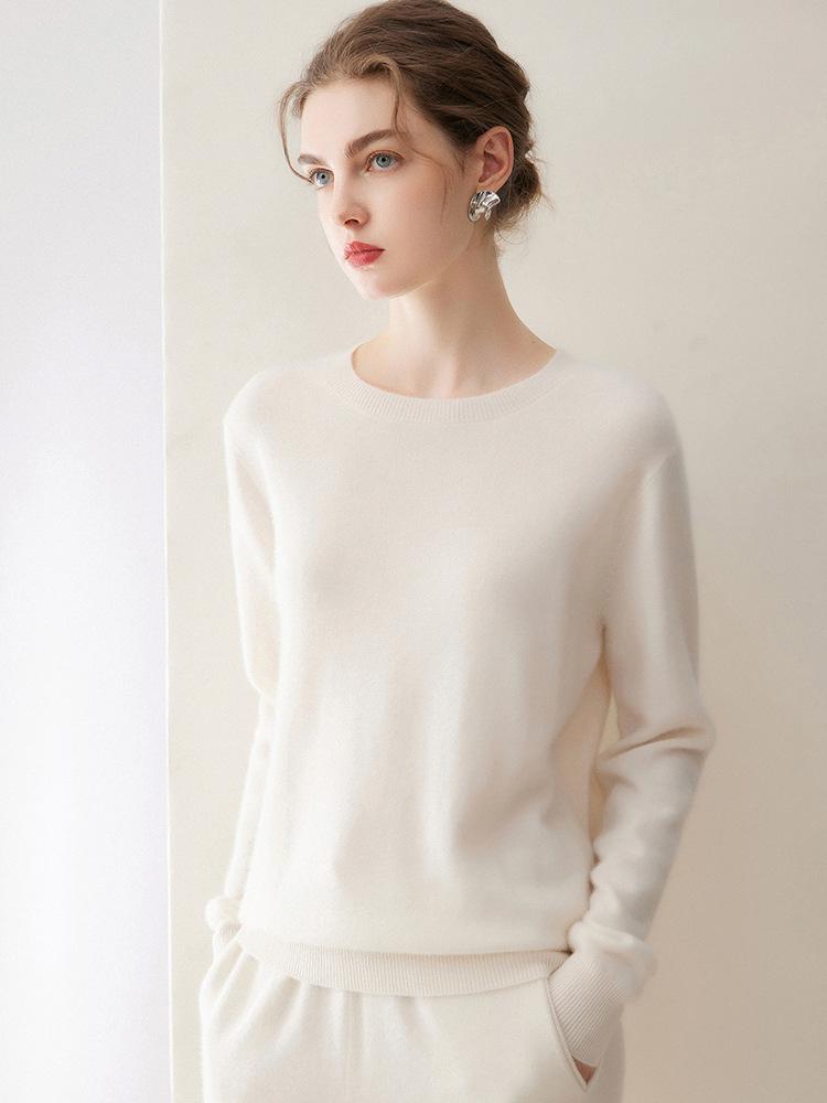 Women's Pure Cashmere Round Neck Sweater - Slimming Soft Knitwear for Autumn/Winter