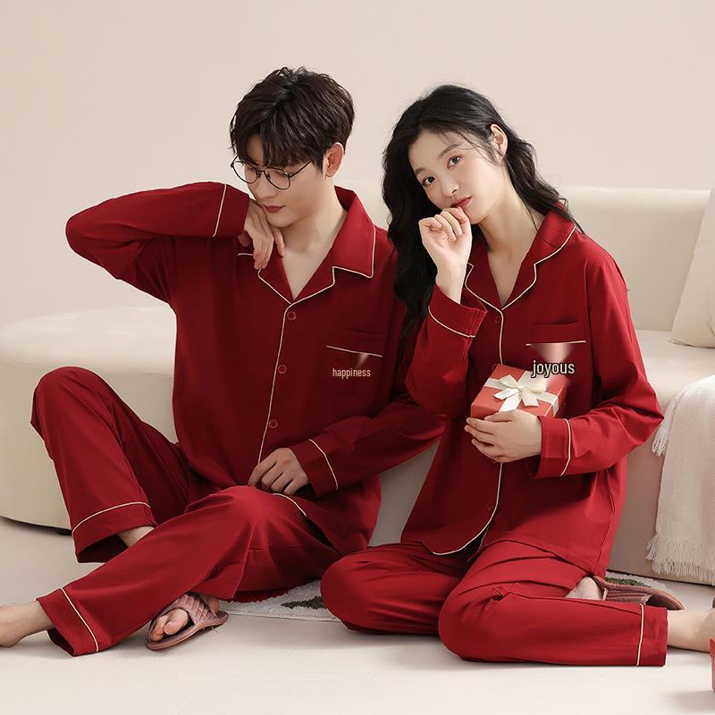 Red Pajamas for Couples - Spring/Autumn 2025 Pure Cotton High-Grade Dowry Festive Homewear for Newlyweds