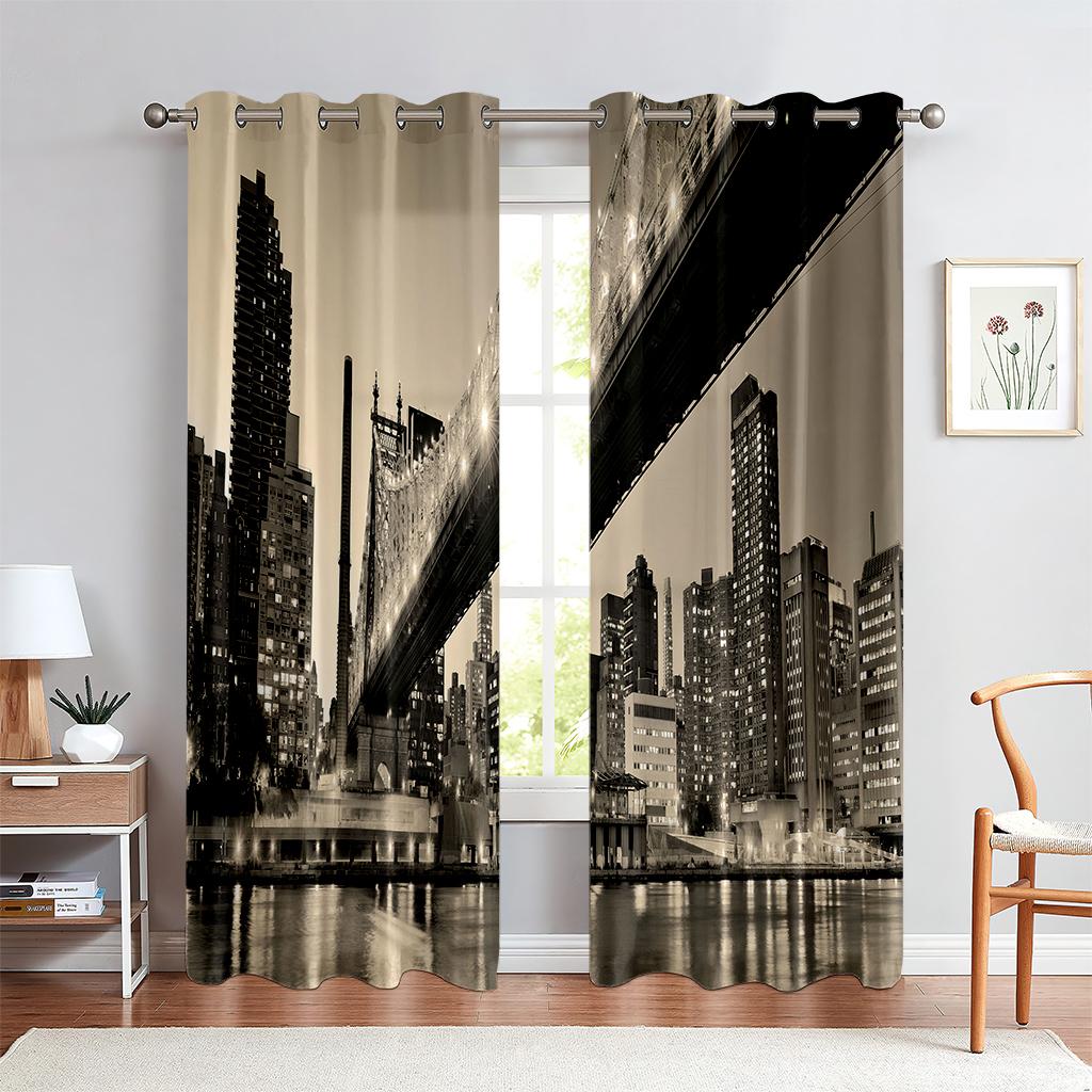 Urban Architecture 3D Printed Curtains Street View Modern Industrial Style Living Room Floor-To-Ceiling Windows Custom Curtains
