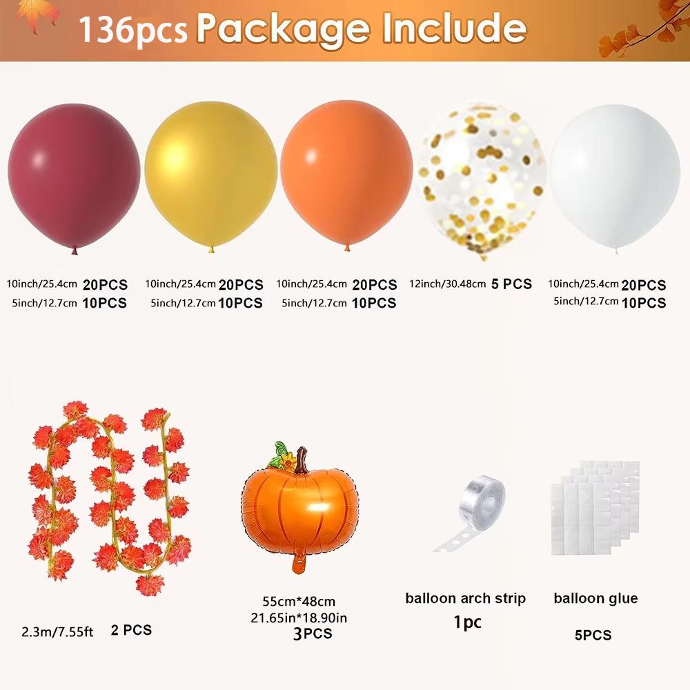 136PCS Autumn Maple Leaf Balloon Garland Set Orange White Pearl Gold Balloon Wreath Set for Birthday and Thanksgiving Decoration