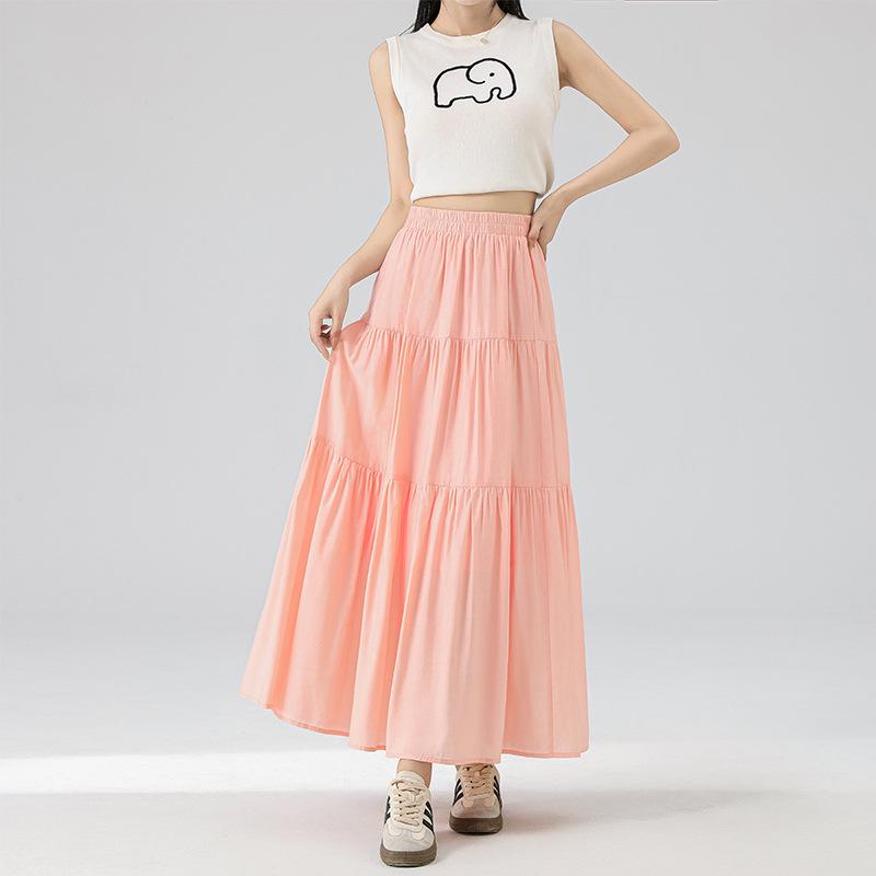 Summer 2025 Pink A-line Midi Skirt with Elastic Waist: Loose Fit, Slimming Design for Casual Wear.