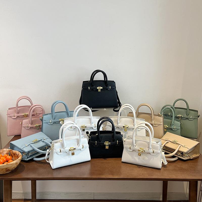 New High-end Lychee Pattern Small Lock Platinum Bag Portable Shoulder Oblique Span Trendy Women's Bag