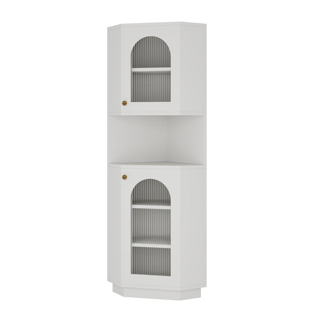 Bathroom Cabinet with Light Strip, Corner Cabinet with Two Storage Compartments, Open Compartment with Adjustable Shelves, 45x 45 x 166.5 cm, White