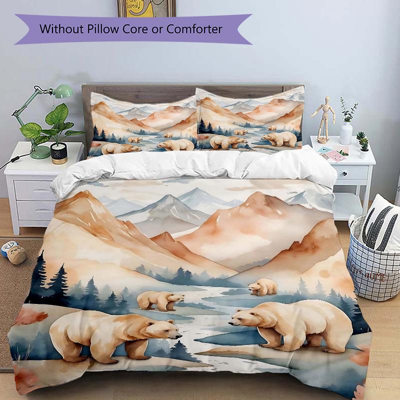 

3pcs Mountain Bears Pattern Bedding Set, 1* Cover + 2*Pillowcases, Printed Bedding Set, Soft and Comfortable, Suitable for Bedroom and Guest Room 135x200cm