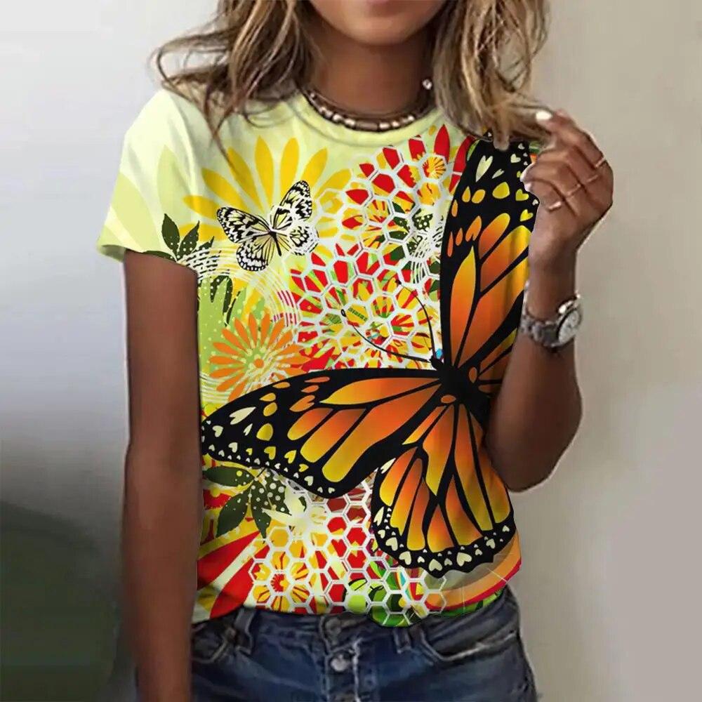 

Летняя модная блузка 2024, женские футболки с 3d тематикой бабочки, повседневный топ с короткими рукавами, базовая женская одежда большого размера 6XL