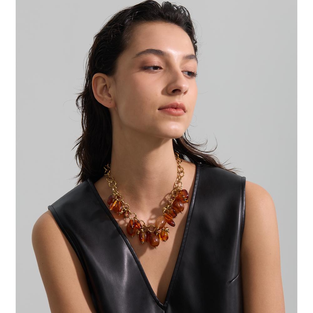Yhpup Amber Resin Acrylic Beads Chain Pendant Drop Charm Statement Necklace for Women Stainless Steel Handmade Fashion Jewelry