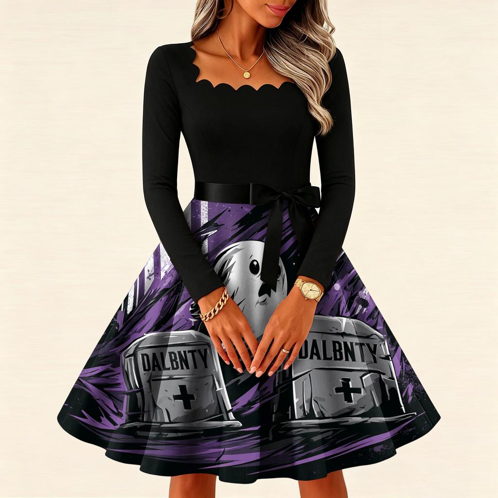 Women's Vintage Long Sleeve Square Neck Dress with Halloween Print for Party Evening Wear