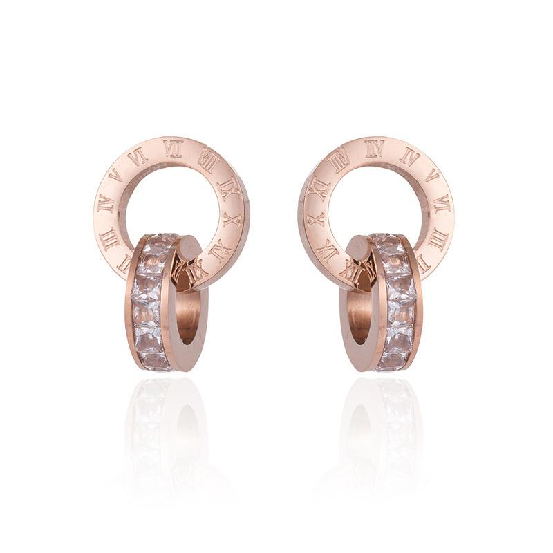 New creative earrings with diamond inlay rose gold titanium steel earrings women's double ring popular earrings accessories