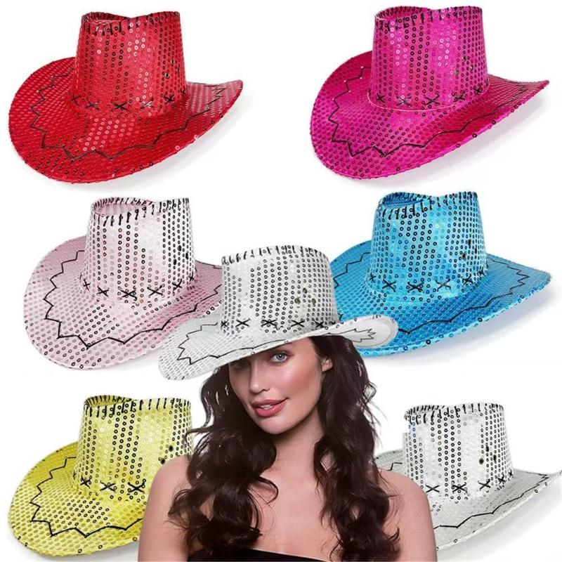Gold Sequins Western Cowgirls Hat with Bandana Costume Set For Parties And Theme Event With Comfortable Acrylic Fabric