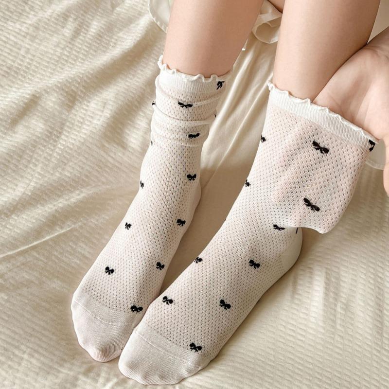 Women's Summer Socks with Mesh, Black Fungus Edges, Pile Socks, Lace Bows, Mid-calf Socks, Boneless Breathable Socks