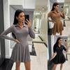 Elegant Autumn Lapel Long Sleeve High Waist Ruffle Hem Slim Pleated Short Comfortable Lightweight Recognition Elegant with Flattering Chic Dress