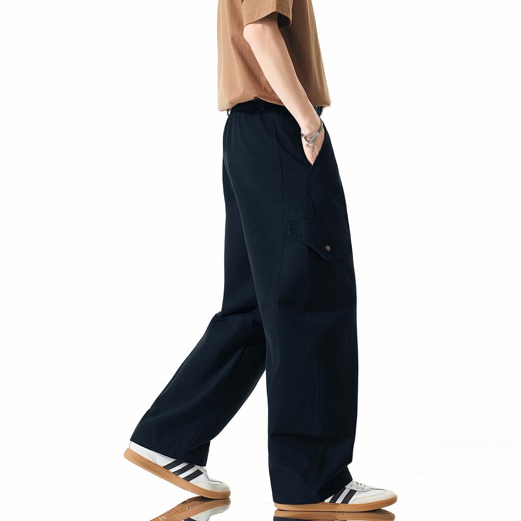 Solid color simple trendy brand semi-elastic tooling casual pants men's American loose drape wide-leg pure cotton small scimitar pants