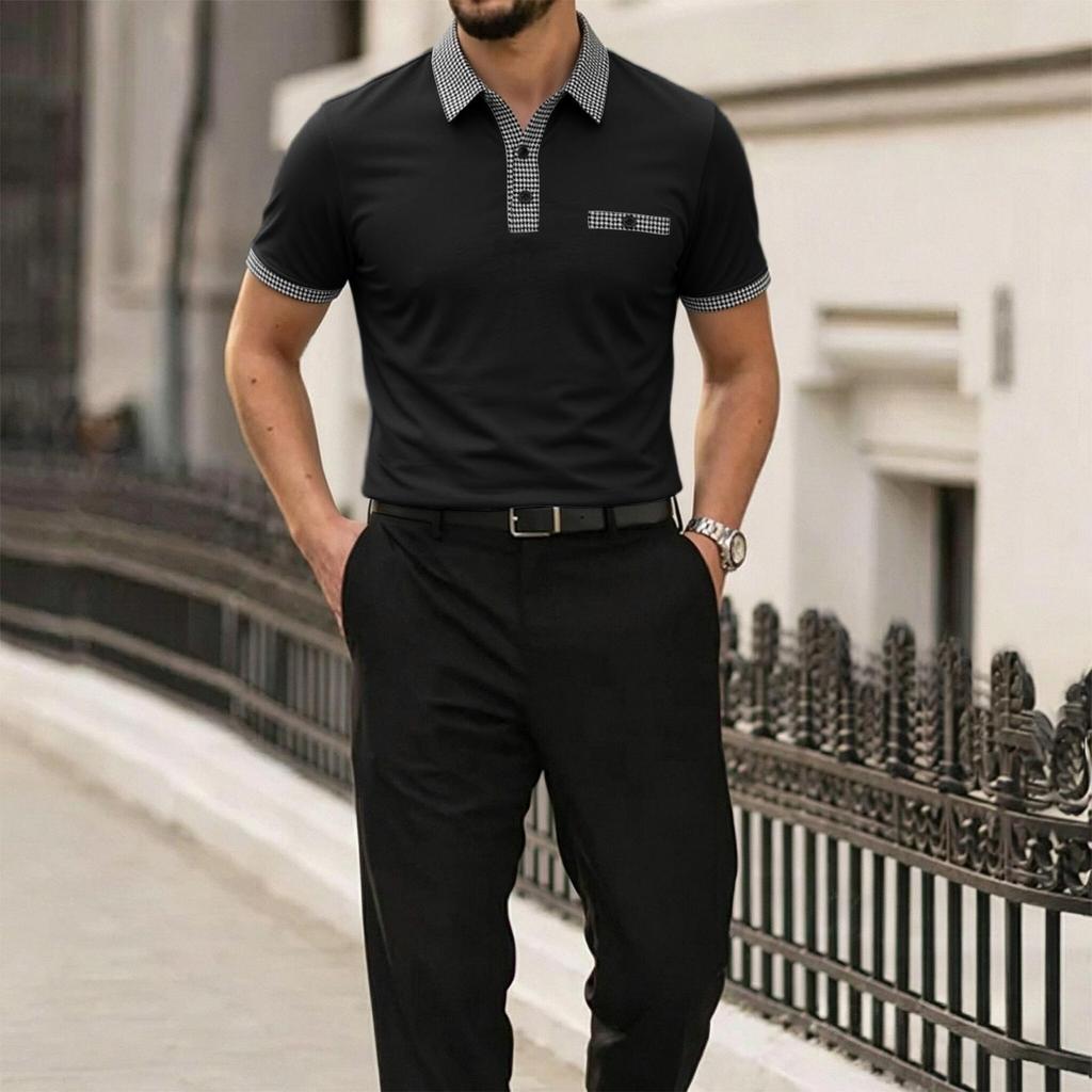 Polo Estiva da Uomo a Colore Unito Manica Corta Casual Traspirante Leggera Misto Cotone Top con Collo e Polsini a Quadretti