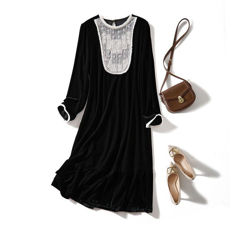 French Style Light Luxury Long Black Dress! Daya Women's Long Sleeve A Word Real Velvet Beads Mesh Stitching Dress Over the Knee