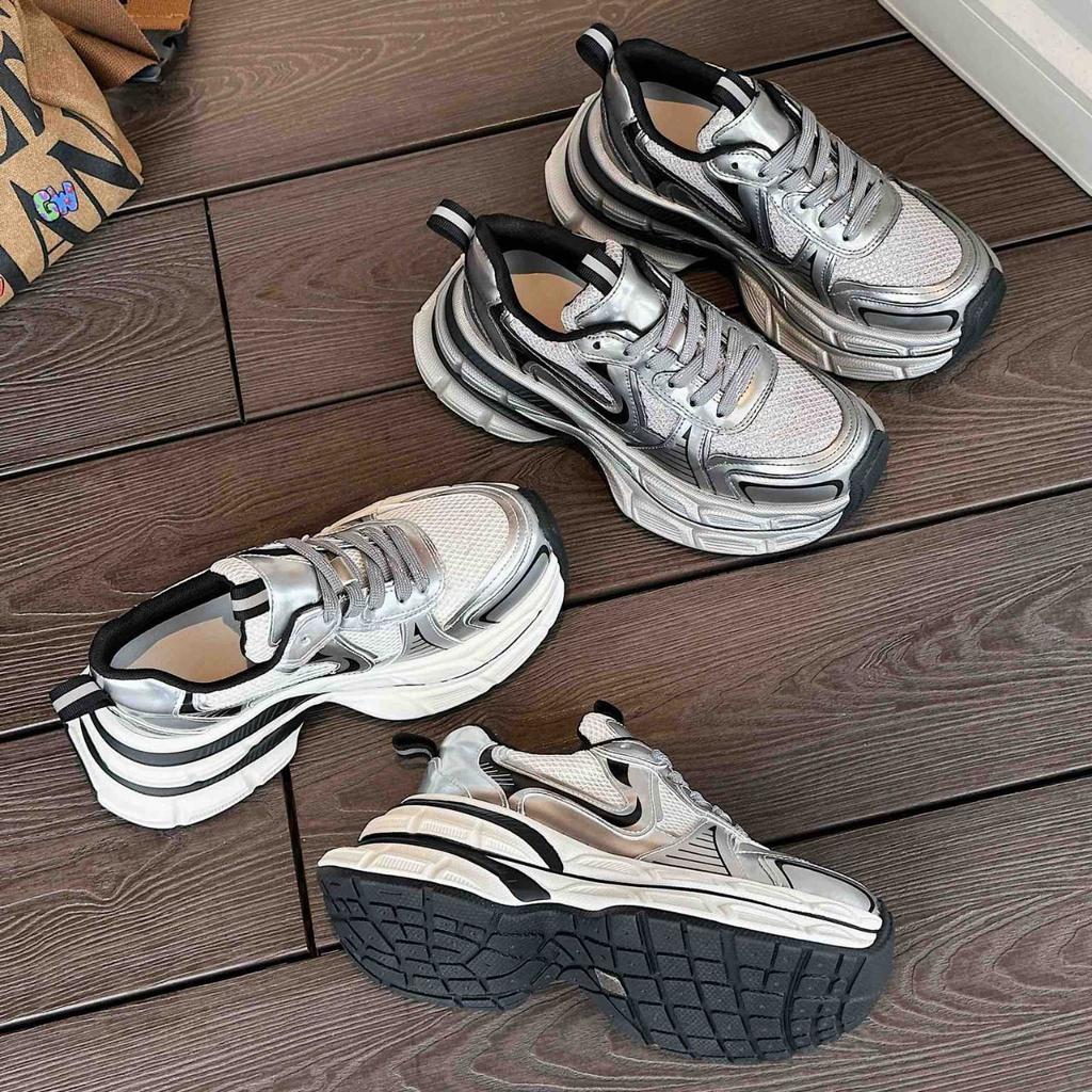 Silver platform dad shoes women's 2025 early autumn new heightening breathable ins tide fried street retro casual sports shoes