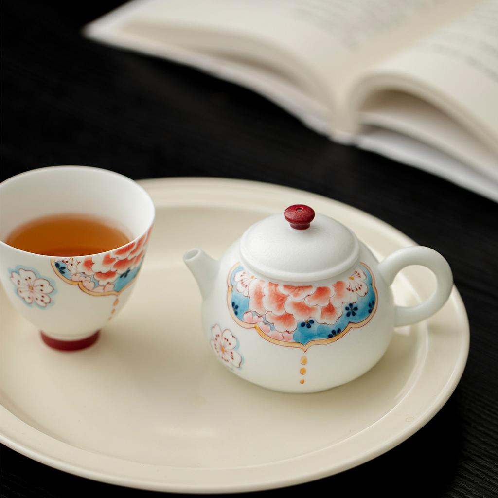 Hand Painted Ceramic Teapot White Porcelain Peony Design Chinese Kungfu Tea Set for Home Office Decor Gift Tea Lover