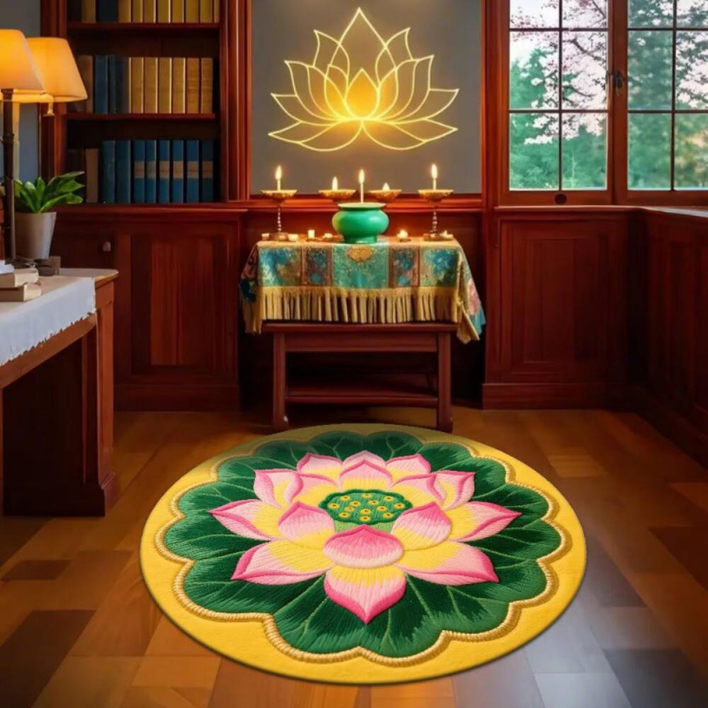 Oriental Art Lotus Flower round Carpet - Zen Circular Rug for Living Room & Bedroom Floor Mat Ideal for Meditation And Home Deco
