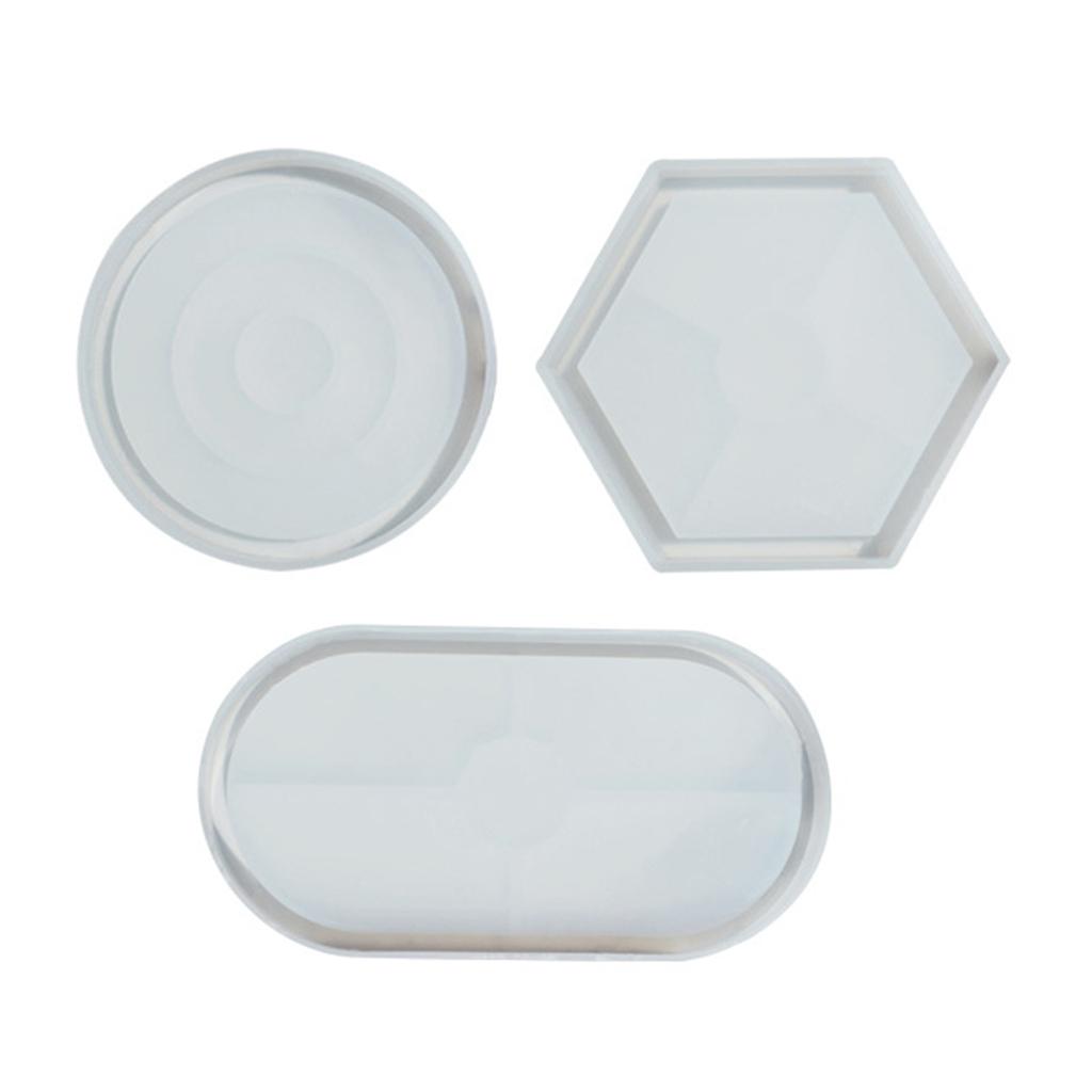 3Pcs Gemeotric Hexagonal Oval Round Coaster Mirror Silicone Resin Tray Molds