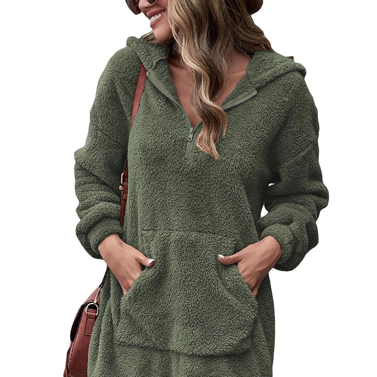 

Женская двухсторонняя флисовая куртка с капюшоном, свободная застежка-молния, плюшевый карман 3XL армия зеленый