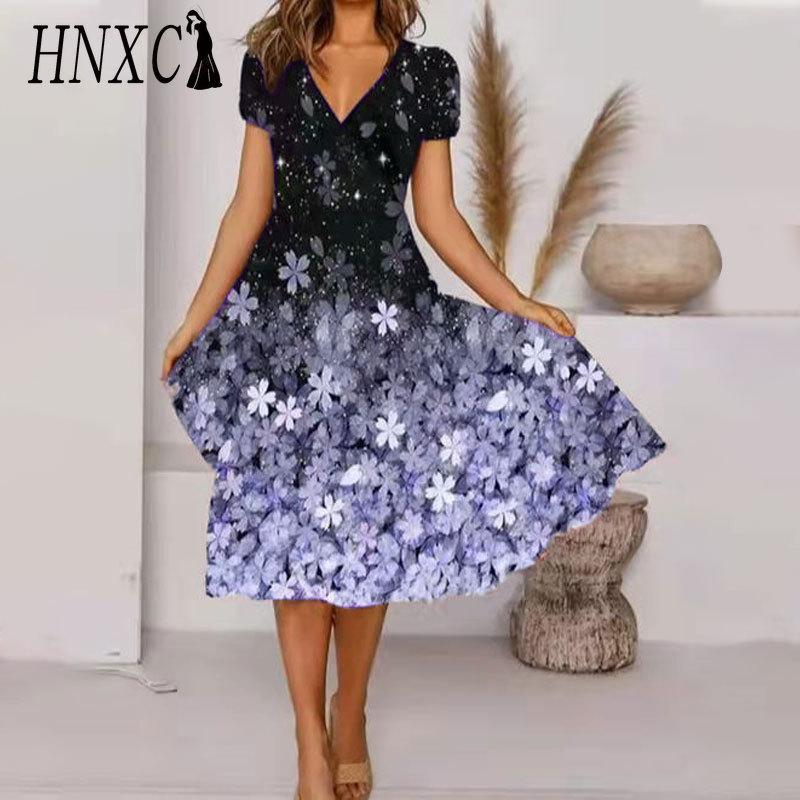 HNXC Übergröße V-Ausschnitt Midi-Kleid Kurzarm Hoher Saum Lässig Bunt Blumendruck Kleid