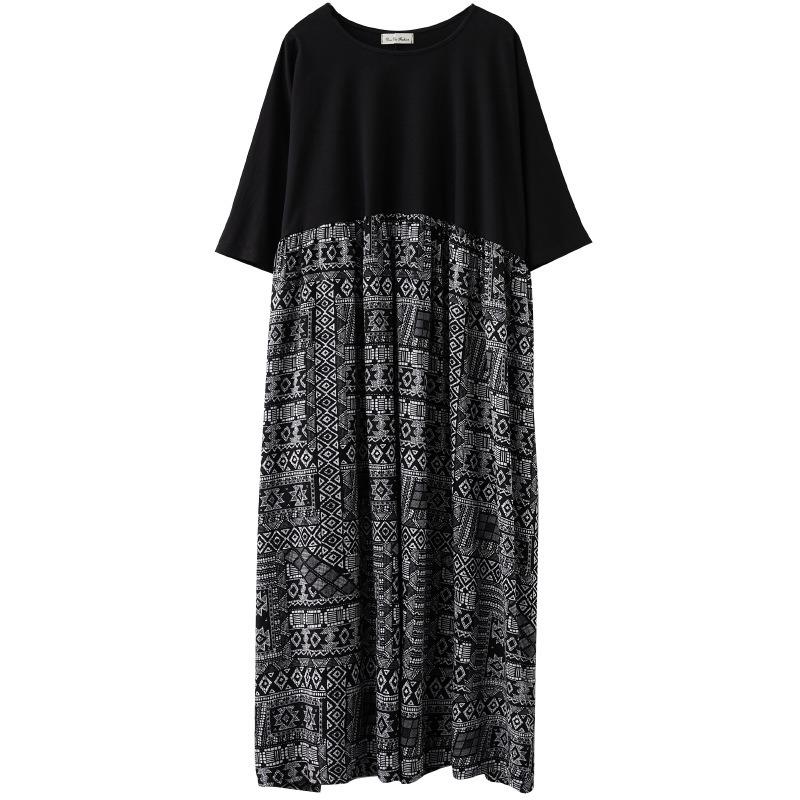 Real Shot Summer New Literary and Artistic Large Size Loose Color Matching Cotton and Linen Short-sleeved Dress Women's Long Dress