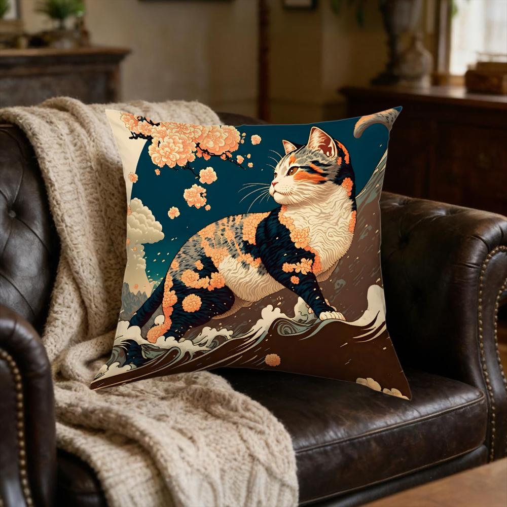 1Pc Japanese Style Blue Orange Cat Wave Floral Print Soft Fabric Cushion Cover for Sofa Bed Living Room