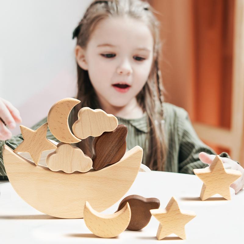Baby Montessori Spielzeug Holz Einfädeln Wippe Spielzeug Balance Blöcke Stapelpuzzle Pädagogisch Praktische Balancefähigkeit Kindergeschenke