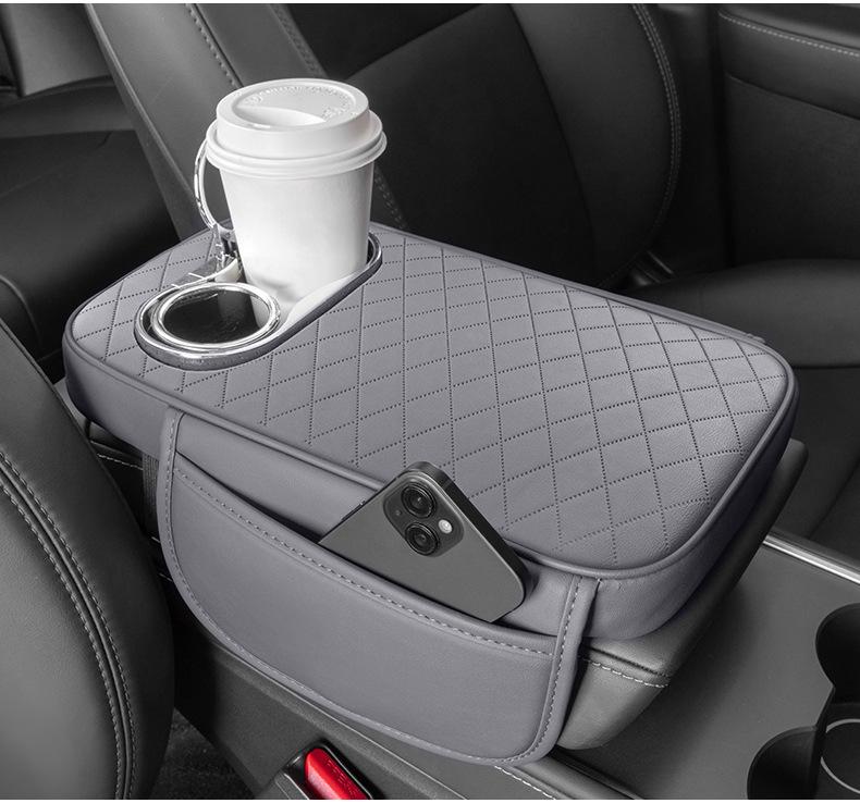 Multifunctional Leather Car Armrest Pad with Storage, Cup Holder, and Protective Cover