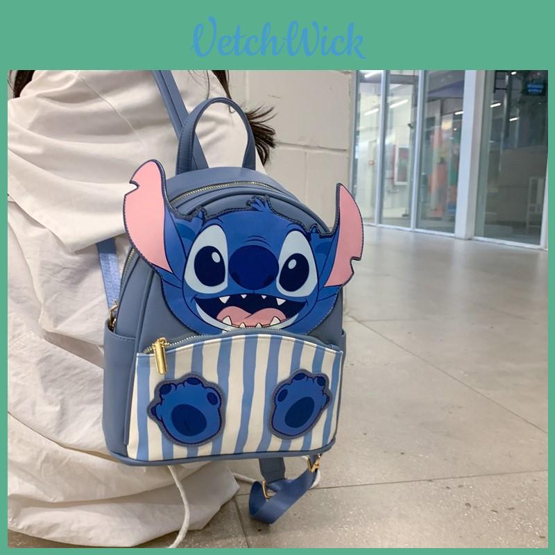 Lilo Stitch Blue Monster Printed Pu School Bag With Inner Card Pocket For Teens