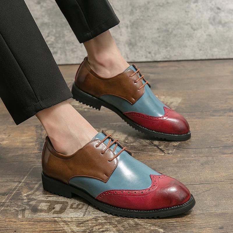 Men's leather shoes large size foreign trade new splicing color casual leather shoes fashion trend brock carved leather shoes