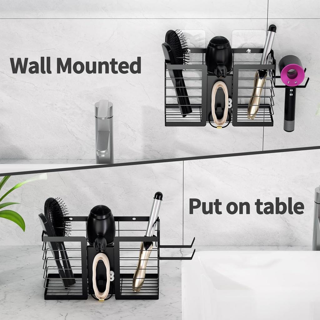 2Pcs Heat-Resistant Hair Tool Organizer, 3-in-1 Metal Wall Mount Holder for Blow Dryer Flat Iron Curling Wand, Bathroom Storage