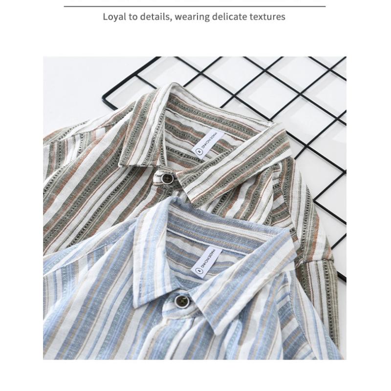 Spring and Summer Cotton Linen Men Tops Japanese Style Vintage Striped Long Sleeve Shirt Male Daily Square Button Shirt with Pocket