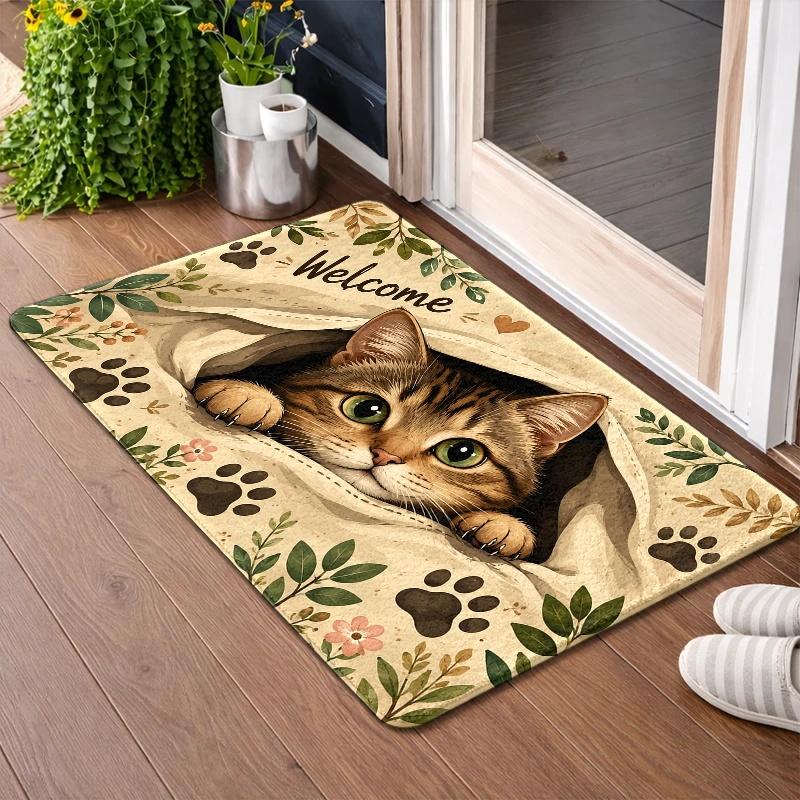 1Pcs Cute Cat Welcome Door Mat, 3D Cat Paw Printed Kitchen Rug, Non Slip Washable Floor Mat, Indoor Entrance Carpet, Pet Lover Home Decoration