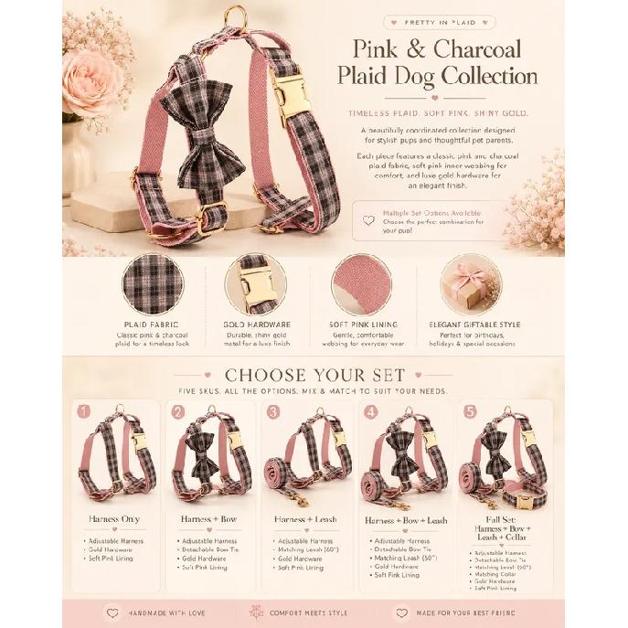 Plaid Pet Walking Harness Set with Bow Design, Adjustable Vest Collar Leash Kit for Small Dogs