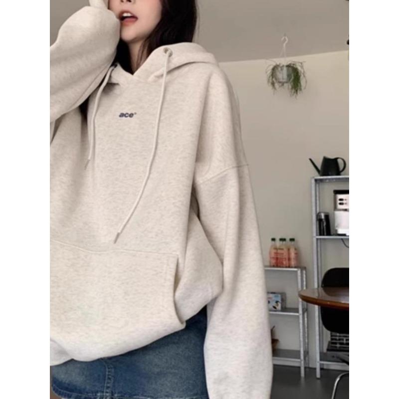 Autumn Winter Vintage Loose Casual Drawstring Hooded Sweatshirt Women Simple Fashion Print Pullover Hoodies Top