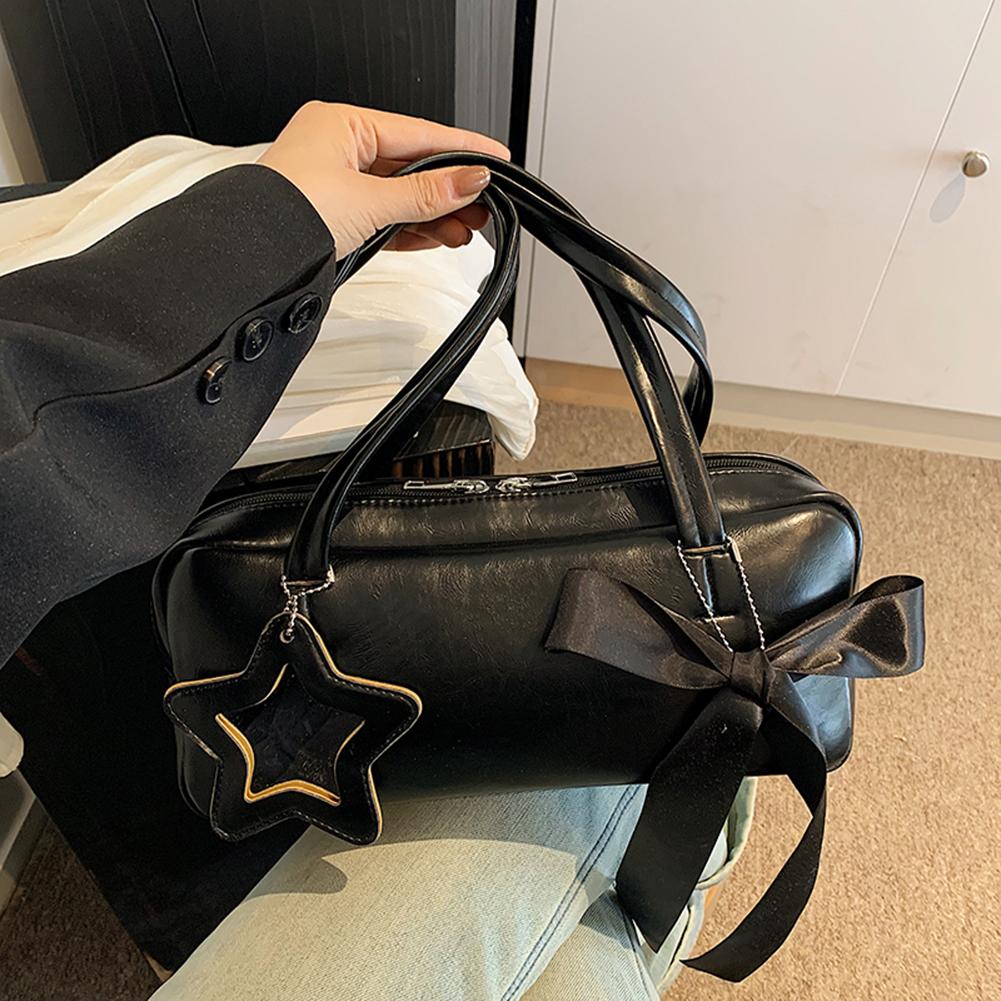 Women Casual Tote Handbag with Star Pendant Fashion Shoulder Purse Solid Color Bow Underarm Handbag Girls Outdoor Daily Bag