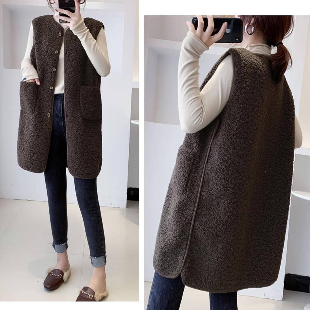 Augseed Sleeveless Boa for Solid with Long Plus Loose Button Cold Protection Women's Vest/Gilet Autumn/Winter, Color, Fluffy, Open-Front, Pockets,