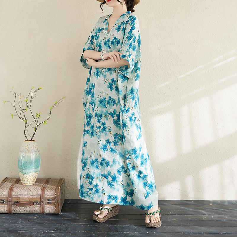 DIMANAF 2025 Women Plus Size Spring Summer Floral Dress Casual Vintage Dress Basic Loose Linen Long Dress Maxi